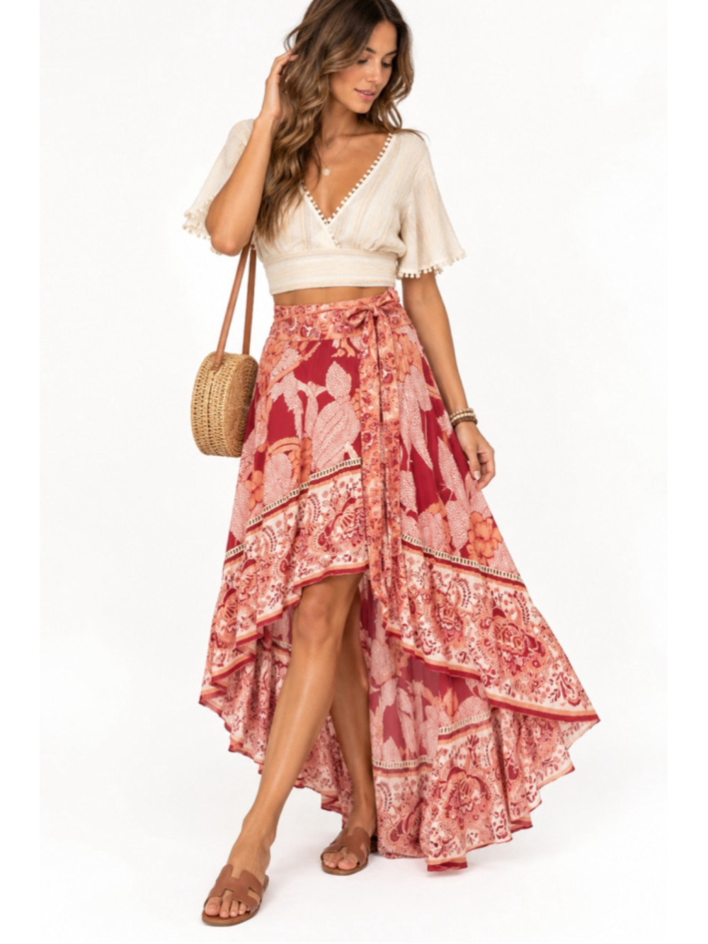 Z&L Europe Boho Floral Crane High Low Maxi Skirt Asymmetrical Approx L